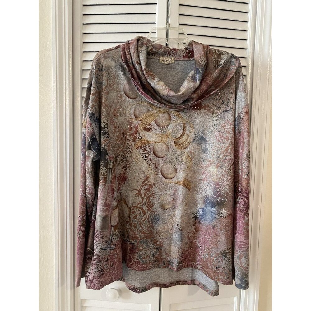 One World Size XL Champagne Festive Print Cowl Neck Tunic Sweater Gray Pockets